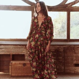 Floral Deep-V Maxi Dress in Burgundy